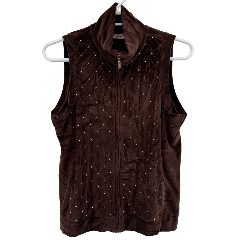 Quacker Factory Brown Quilted Velour Rhinestone Zip Up Vest Womens XL Sleeveless